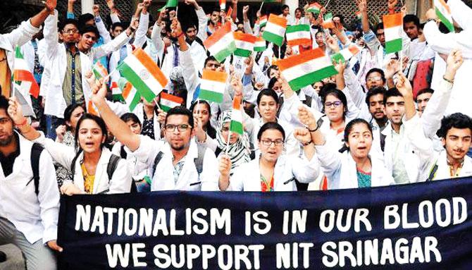 Government medical college students in Jammu during a protest against the police action on non-Kashmiri students in NIT Srinagar