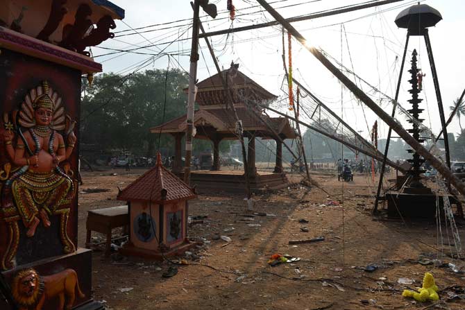 Damaged building at the Puttingal Devi Temple, Kerela. Pic/ AFP