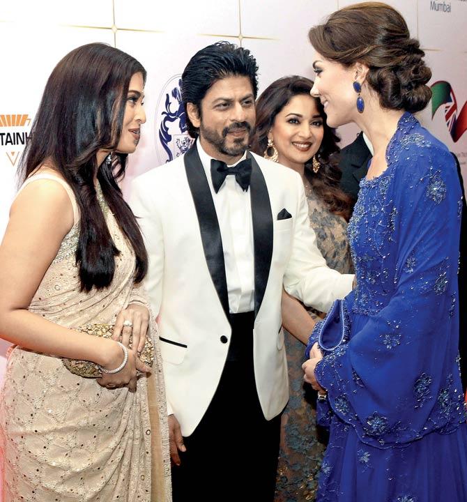 (L-R) Aishwarya Rai Bachchan, Shah Rukh Khan, Madhuri Dixit Nene and Kate Middleton. Pics/PTI