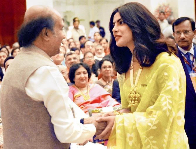 Rajinikanth, who was awarded the Padma Vibhushan, with Priyanka Chopra during the awards ceremony