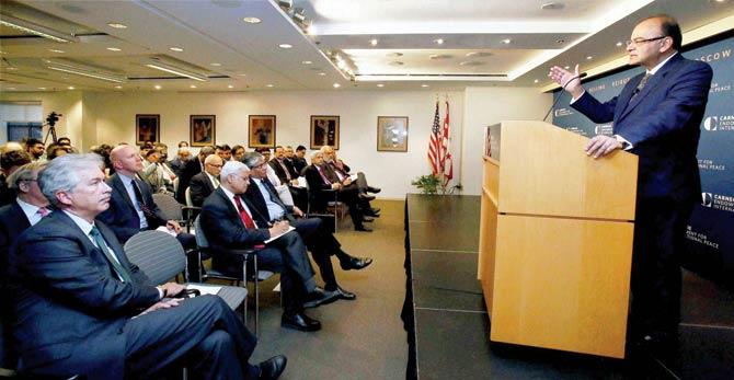 Arun Jaitley speaks at Carnegie Endowment on the sidelines of 2016 Spring Summit of World Bank/International Monetary Fund in Washington DC yesterday. Pic/PTI