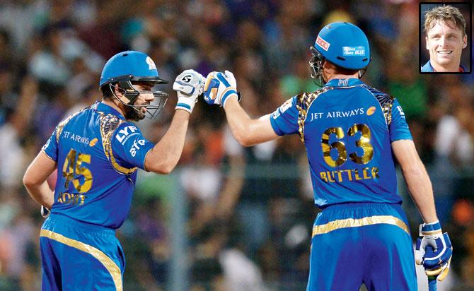 MI skipper Rohit Sharma and Jos Buttler during their 66-run stand in Kolkata on Wednesday. Pic/AFP. Inset: Jos Buttle