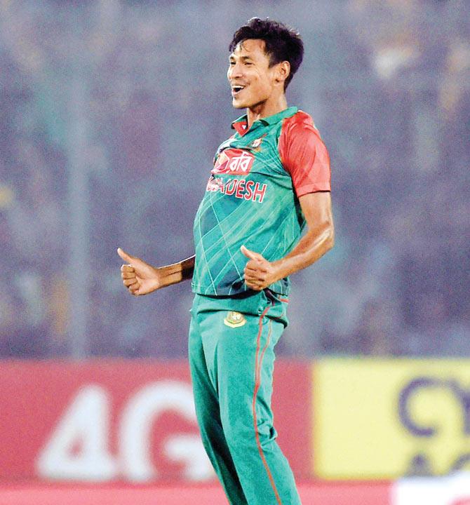 Bangladesh’s Mustafizur Rahman celebrates the dismissal of  Sri Lanka’s Thisara Perera during the Asia Cup T20 match at the Sher-e-Bangla Stadium at Mirpur in February. PIC/AFP