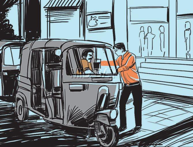 Shigeta boards an auto outside the  R-City Mall to return home to Powai. Illustrations/Uday Mohite