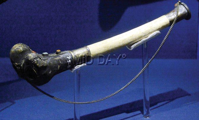 Made from a human femur, this 18th century trumpet is used for  tantric practices, unlike other instruments used for auspicious rituals
