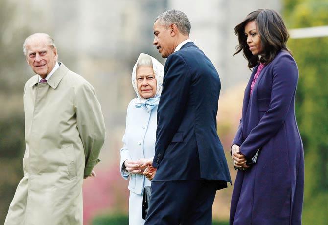 US President Barack Obama and First Lady Michelle Obama are greeted by Britain’s Queen Elizabeth II and Prince Philip, Duke of Edinburgh, after landing at Windsor Castle yesterday. Pics/AFP