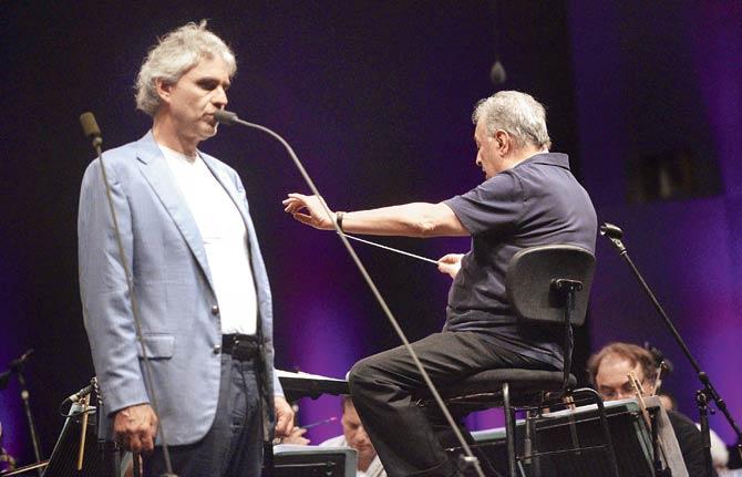 Andrea Bocelli and Zubin Mehta at a concert celebrating the latter’s 80th birthday. Pic/Suresh Karkera