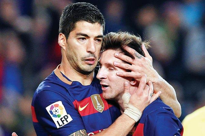 Barca’s Luis Suarez and Lionel Messi after win vs Sporting  de Gijon on Saturday