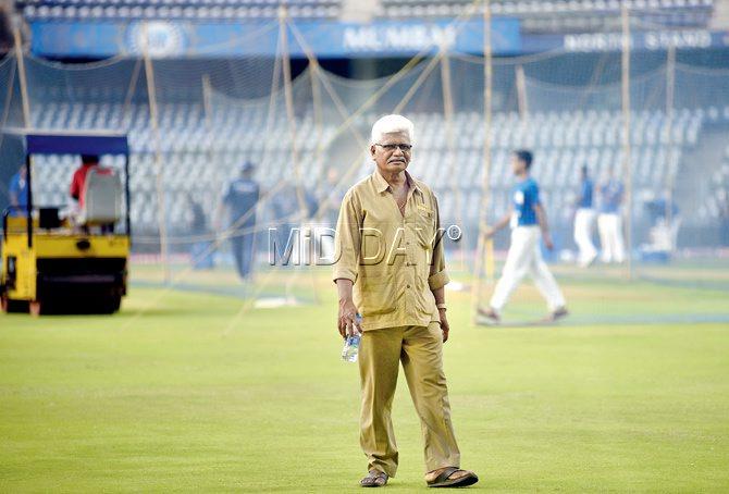 Groundsman Vijay Tambe at the Wankhede Stadium on Wednesday. Pic/Atul Kamble