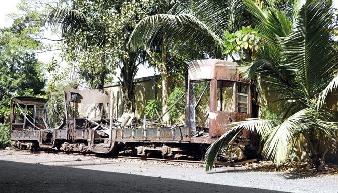 The rundown tram coach stands in the compound of Anik depot