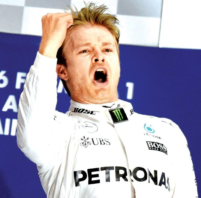 Nico Rosberg celebrates Bahrain GP win in Manama. Pic/AFP