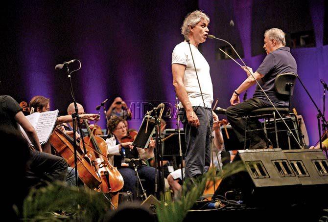 Opera legend Italian Andrea Bocelli rehearses along with maestro Zubin Mehta and the Israel Philharmonic Orchestra on the eve of the third and final concert that will be held at the Brabourne Stadium later today. Pic/Suresh KK