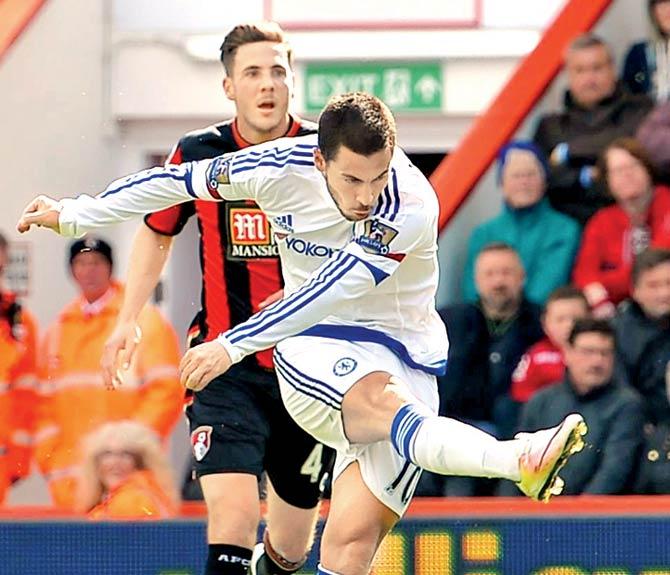 Chelsea’s Eden Hazard shoots to score against Bournemouth