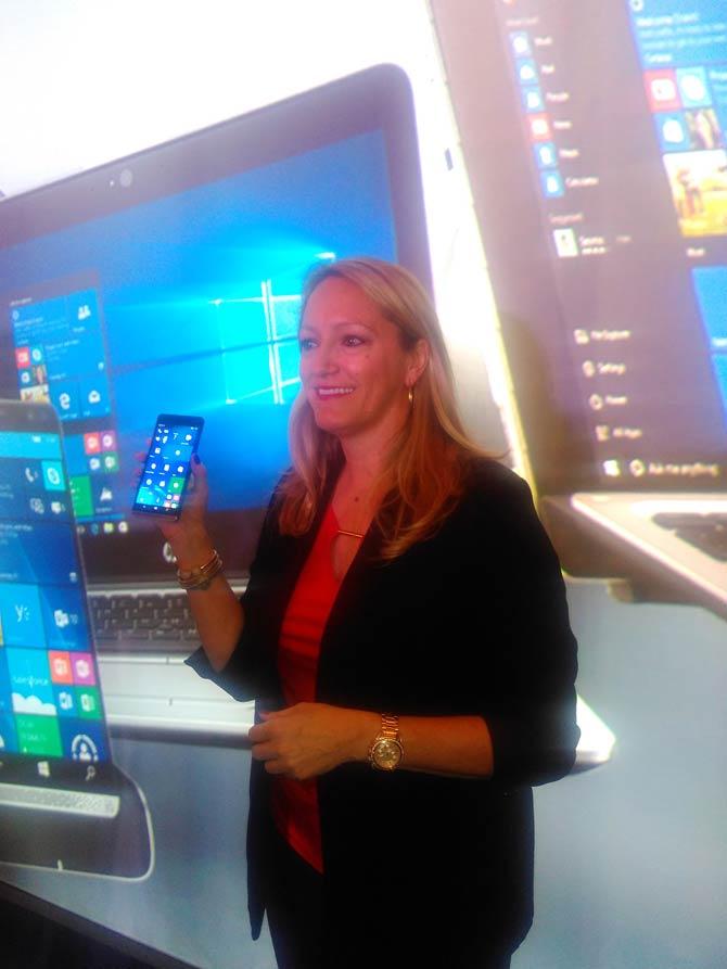 Anneliese Olson, vice president of personal systems business, HP Asia Pacific and Japan, unveiling Elite x3 at an event in Macau on April 7. (Photo: IANS)