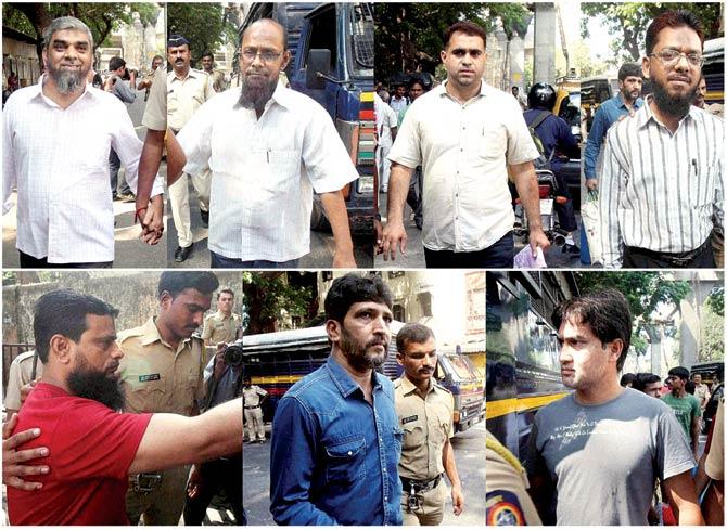 Haseeb Mulla, Wahid Ansari, Ateef Mulla, Muzammil Ansari, Gulam Khotal, Farhaan Khot and another convict in the Mumbai triple blast case being produced in court on Wednesday. Pics/PTI