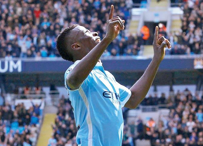 Man City’s Kelechi Iheanacho celebrates scoring against Stoke City in an EPL tie on Saturday