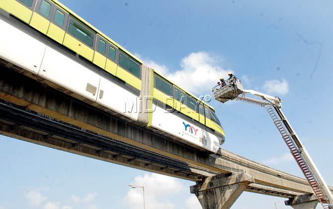 On March 15, 2015, monorail services were disrupted for more than three hours due to a fault in power supply, leaving 11 passengers stranded inside the train near Bhakti Park in Wadala. File Pic/Shadab Khan