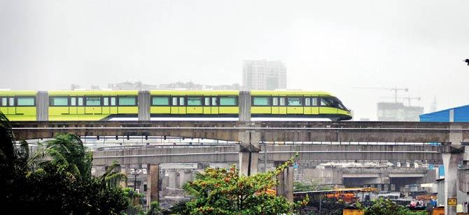Monorail approaches Wadala station during a trial run. File pic