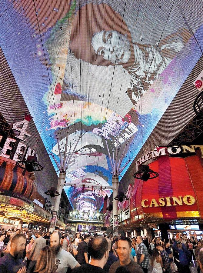 The Fremont Street Experience pays tribute to Prince with a photo retrospective on the attraction’s Viva Vision screen while playing his music yesterday in Las Vegas. Pic/AFP