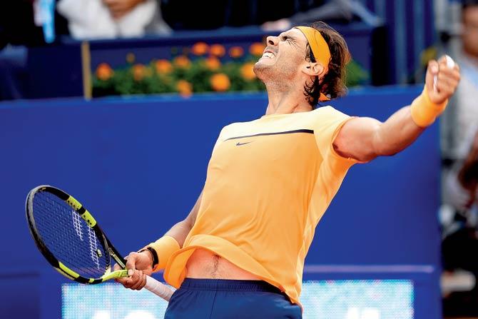 Spain’s Rafael Nadal celebrates his 6-3, 6-3 victory over German Philipp Kohlschreiber in the semi-finals of the Barcelona Open on Saturday. Pic/AFP