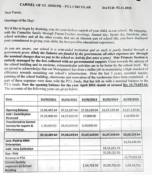 The school sent this circular to parents demanding money