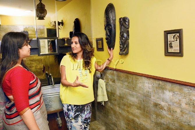 The reporter with Arpita Agarwal looking at the masks placed in the washroom of the ATL office. Pics/PradEep Dhivar