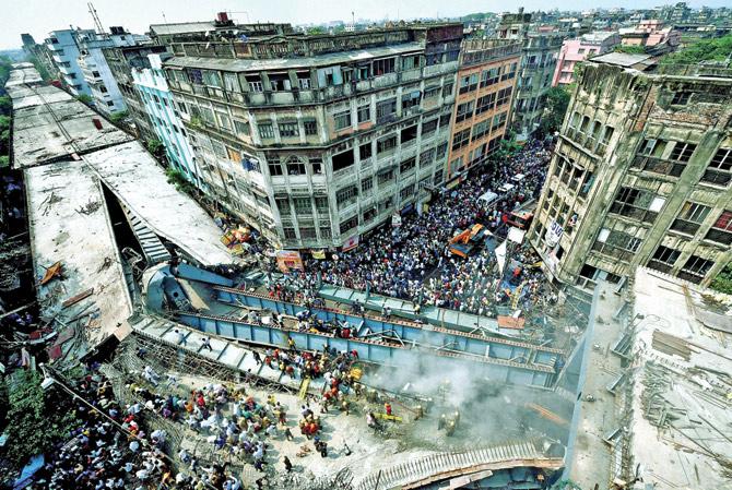 The under-construction flyover collapsed on Vivekananda Road in Kolkata. Hyderabad-based company IVRCL was tasked with constructing the 2.2 km flyover since 2009
