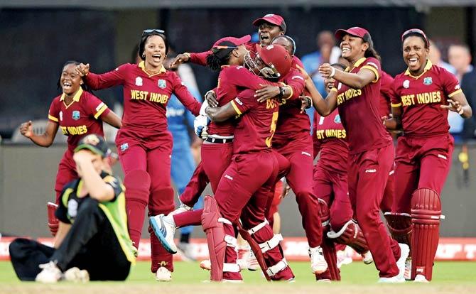 West Indies cricketers celebrate after winning Women’s World T20 final in Kolkata yesterday. Pic/AFP