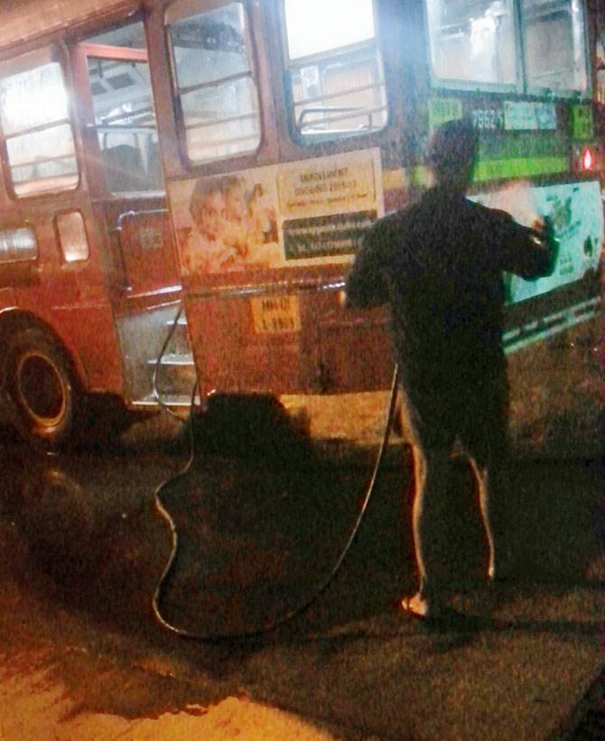 A reader sent pictures and video of drinking water being wasted to wash the buses at the Santacruz depot