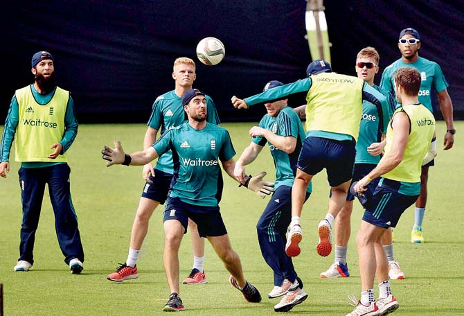 England players indulge in a game of football on the eve of their World T20 final against West Indies in Kolkata on Saturday. PIC/PTI