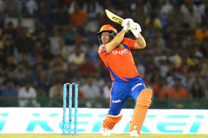 Gujarat Lions’ Aaron Finch en route his brilliant 74 against Kings XI Punjab at the PCA Stadium in Mohali. pic/ AFP