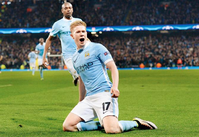 Manchester City midfielder Kevin De Bruyne celebrates after scoring a goal during their Champions league quarter-final second-leg match against PSG  at the Etihad Stadium in Manchester on Tuesday. Pic/AFP