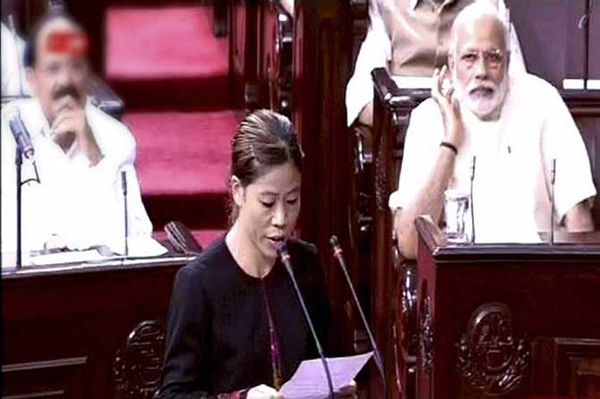 Boxer Mary Kom takes oath as a Member of the Rajya Sabha in New Delhi on Tuesday.