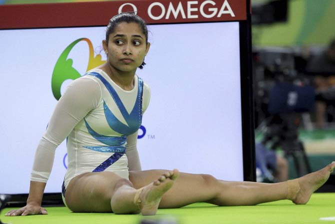 Indian gymnast Dipa Karmakar rests during a training session ahead of the 2016 Rio Olympics. Pic/ PTI