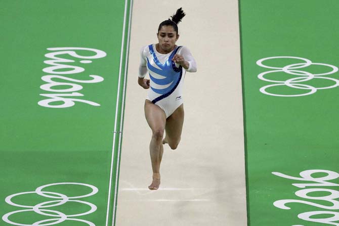 Indian gymnast Dipa Karmakar runs to mount the vault during a training session ahead of the 2016 Summer Olympics