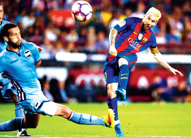 Lionel Messi scores against Sampdoria in the Joan Gamper Trophy final on Wednesday. Pic/Getty Images