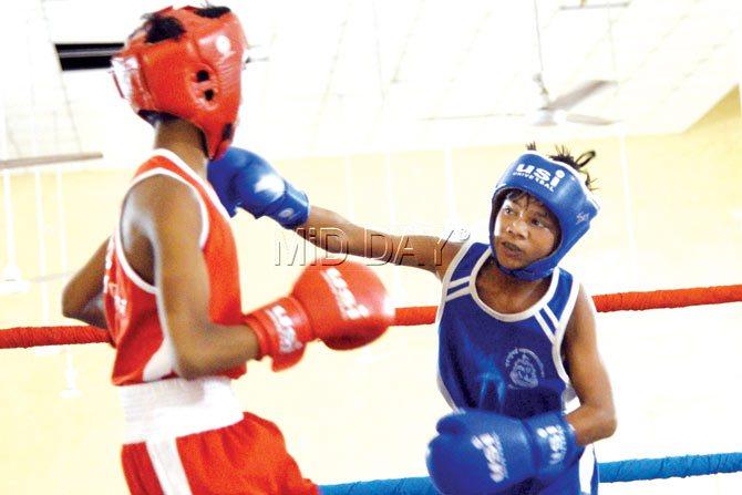 Mujahid Shaikh (blue corner) lands a right-handed punch against Akilesh Mandal during their 38-kg category final bout in the BMC U-14 boxing tournament in Lower Parel yesterday. Pic/Suresh Karkera