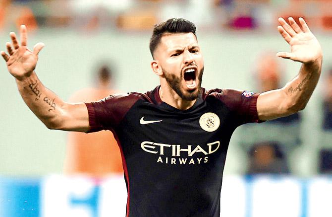 Man City striker Sergio Aguero celebrates after scoring a hat-trick vs Steaua Bucharest during the Champions league first leg playoff match at National Arena Stadium in Bucharest, Romania on Tuesday. Pic/AFP