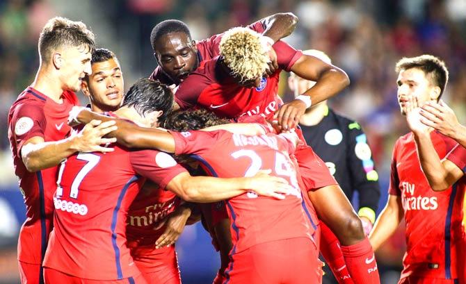 Paris Saint-Germain players celebrate their goal during their International Champions Cup (ICC) football game at StubHub Center in Carson. Pic/AFP