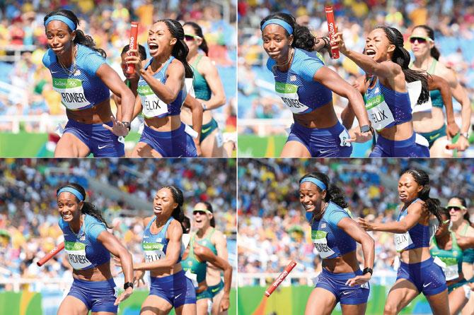 This series of pictures show USA’s Allyson Felix failing to hand the baton to teammate English Gardner during the relay. PICS/AFP