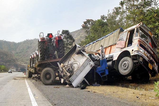 A 2010 file picture of two trucks involved in an accident near the Bhatan tunnel on the Expressway