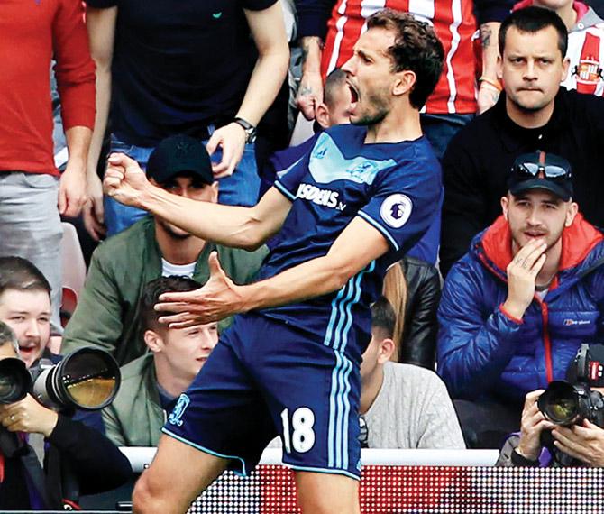 Middlesbrough’s Cristhian Stuani celebrates his goal against Sunderland during the EPL match in Sunderland yesterday. pic/afp