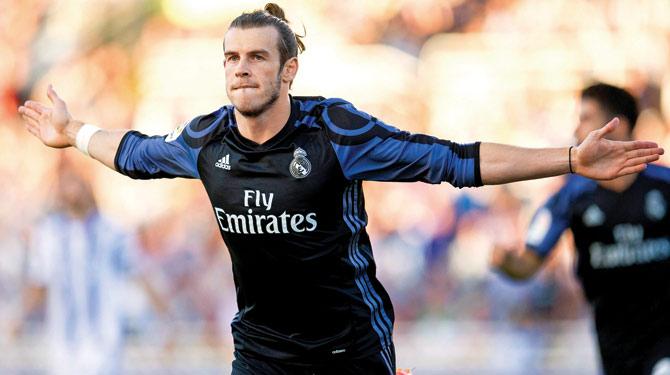 Gareth Bale celebrates after scoring a goal in the La Liga match on Sunday. Pic/Getty Images
