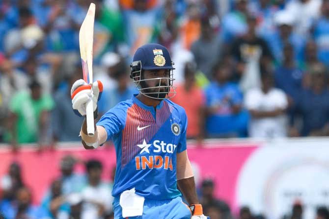 KL Rahul of India celebrates his century during the 1st T20i between West Indies and India at Central Broward Stadium in Fort Lauderdale, Florida. Pic/ AFP