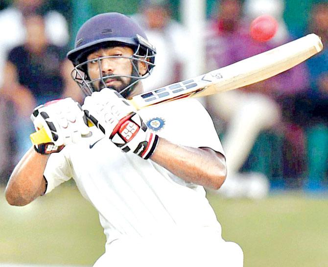 Abhinav Mukund of India Red plays a shot during the Duleep Trophy match