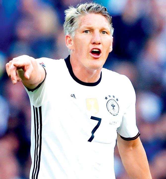 Bastian Schweinsteiger will make his 121st international appearance when he will captain Germany for the last time against Finland in a friendly at Moenchengladbach today. Pic/Getty Images 