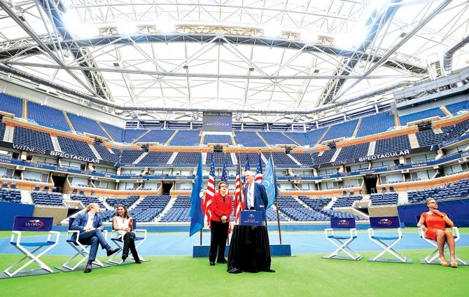 A roof with a view: The new retractable roof at the Arthur Ashe Stadium in New York yesterday. Pic/Getty Images