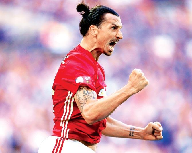 Super striker: Manchester United striker Zlatan Ibrahimovic celebrates after scoring against English Premier League champions Leicester City in the Community Shield encounter at Wembley Stadium in London yesterday. Pic/AFP