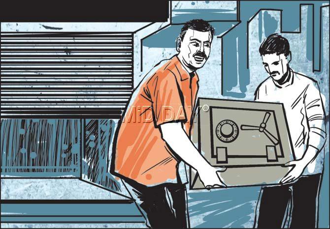 It is now 5.25 am and the thieves have fled with the cash and the safe, unaware that the CCTV camera has recorded their early morning heist. Illustration/Ravi Jadhav