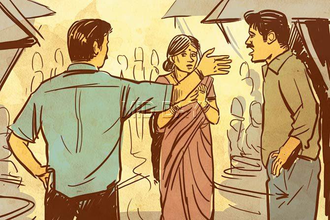 Ravi Kavle and another man convince Laxmibai Shirshat to part with her gold chain. Illustration/Uday Mohite